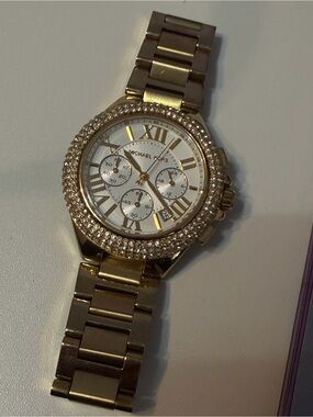 Michael Kors Gold Tone Crystal Accent Chronograph Watch with White Dial